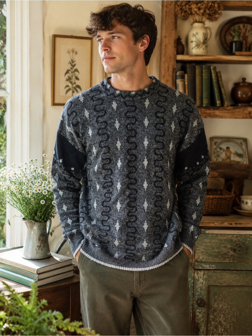 Vintage Cambridge Classics Gray Black Geometric Wool Blend Sweater Men’s Large